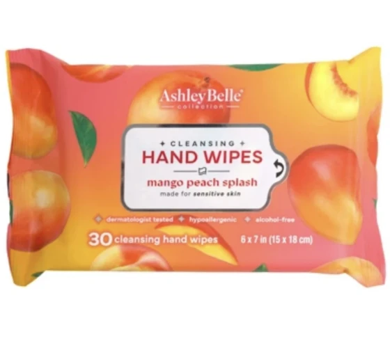 ASHLEY BELLE HAND WIPES MANGO PEACH SPLASH 30 COUNT 6 X 7 INCH