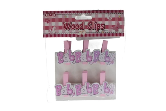 PINK BABY WOOD CLIPS 6 PACK
