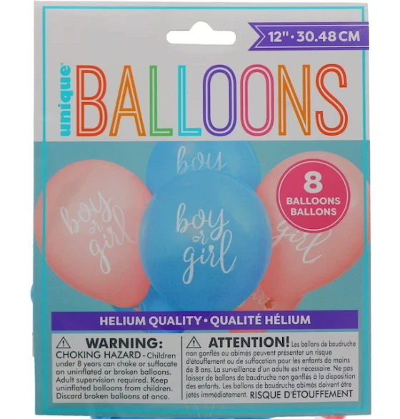 GENDER REVEAL BALLOONS 8 COUNT