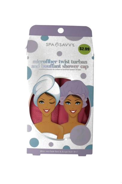 MICROFIBER TWIST TURBAN AND BOUFFANT SHOWER CAP PACK 2