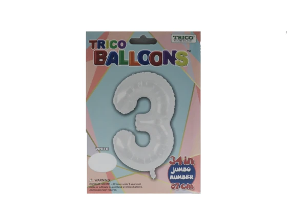 NUMBER 3 WHITE 34 INCH JUMBO LATEX BALLOON