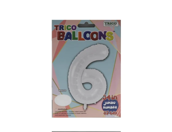 NUMBER 6 WHITE 34 INCH JUMBO LATEX BALLOON