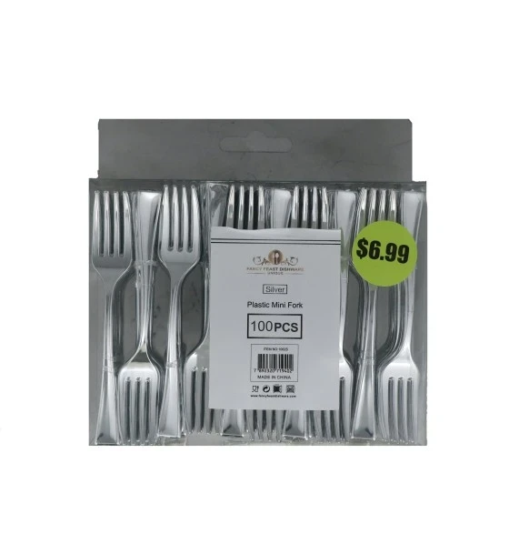 PLASTIC MINI FORK 100 PCS SILVER