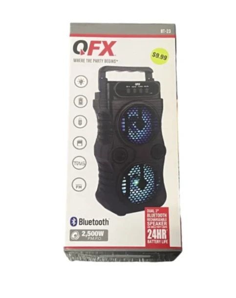 QFX DUAL 30 INCH BLUETOOTH RECHARGEABLE SPEAKER LED CIRCLE PARTY LIGHTS 24 HOUSE BATTERY LIFE