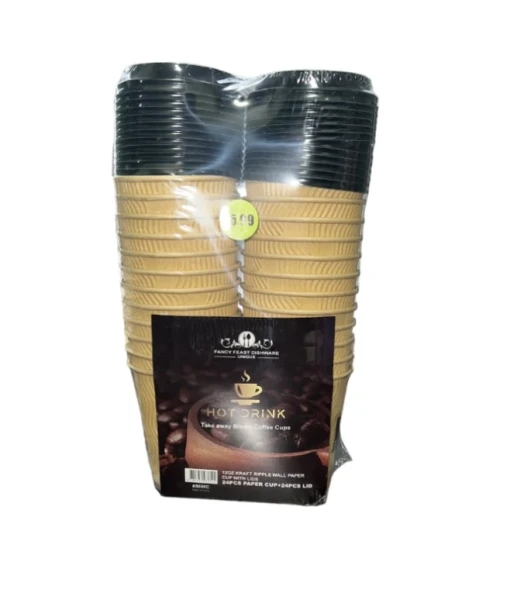 12 OZ KRAFT RIPPLE WALL PAPER CUP WITH LIDS 24 PCS