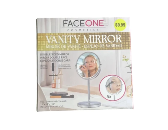 FACE ONE COSMETICS VANITY MIRROR DOUBLE-SIDED, 5X ZOOM â€“ 7.3 X X 13.2 INCHES