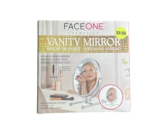 FACE ONE COSMETICS VANITY MIRROR DOUBLE-SIDED, 5X ZOOM â€“ 7.3 X X 13.2 INCHES
