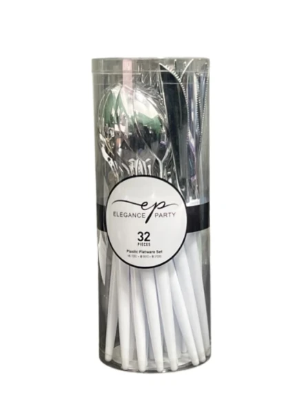 WHITE AND SILVER ELEGANCE CUTLERY SET 32 PCS