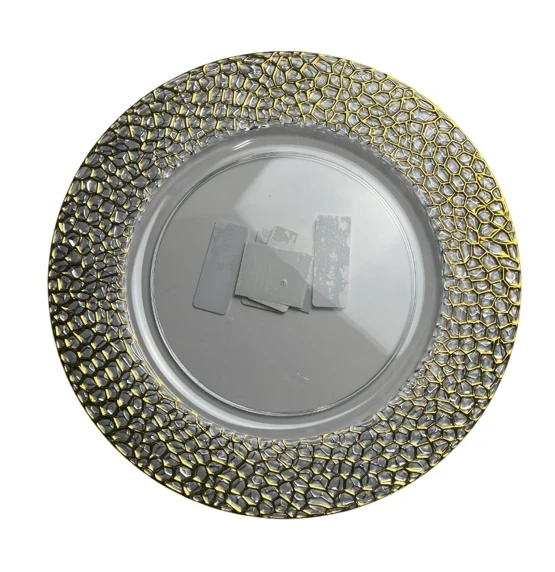 CLEAR PLATE CHARGER WITH GOLD RIMS