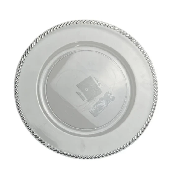 CLEAR PLATE CHARGER WITH SILVER RIMS