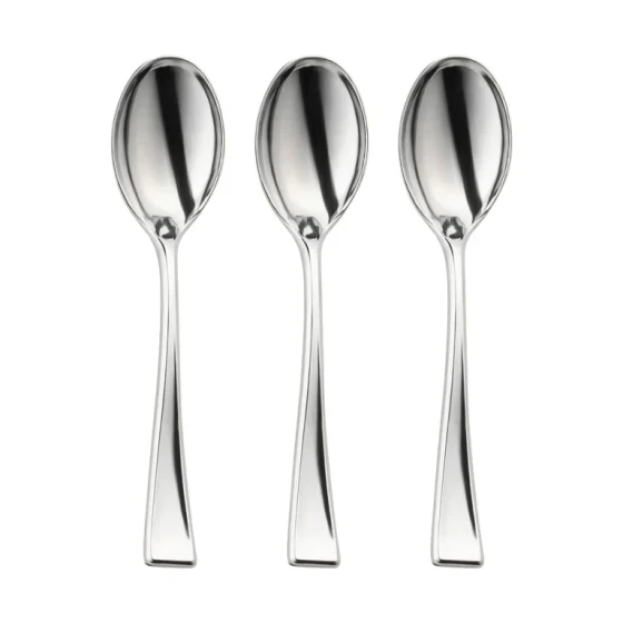 PLASTIC SILVER MINI SPOONS 100 PCS