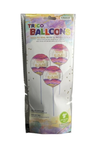 HAPPY BIRTHDAY 9 INCH AIR INFLATE ONLY 3 COUNT BALLOONS