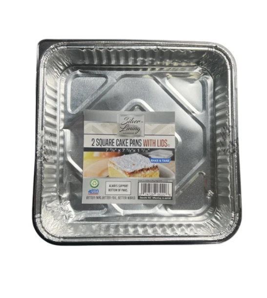 SILVER LINING 2 SQUARE CAKES PANS WITH LIDS 7 3/8 X 7 3/8 X 1 5/16 INCH