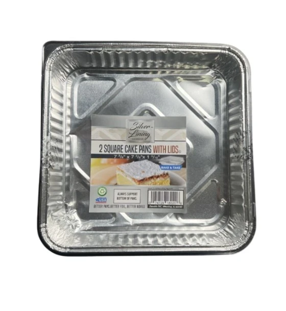 SILVER LINING 2 SQUARE CAKES PANS WITH LIDS 7 3/8 X 7 3/8 X 1 5/16 INCH