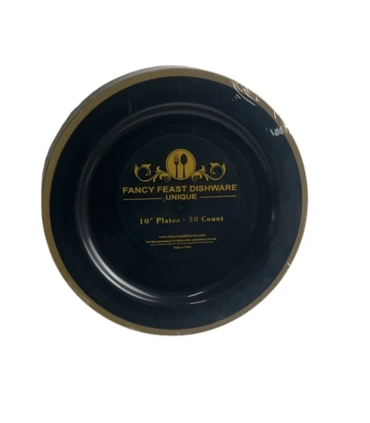 FANCY FEAST DISHWARE 30 COUNT BLACK AND GOLD 10 INCH PLATES