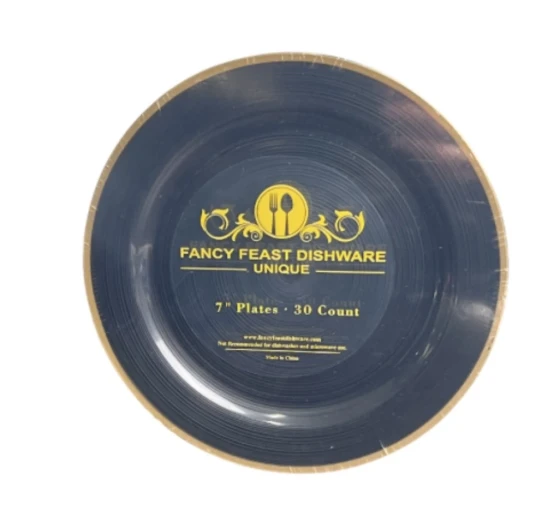 FANCY FEAST DISHWARE 30 COUNT BLACK AND GOLD 7 INCH PLATES