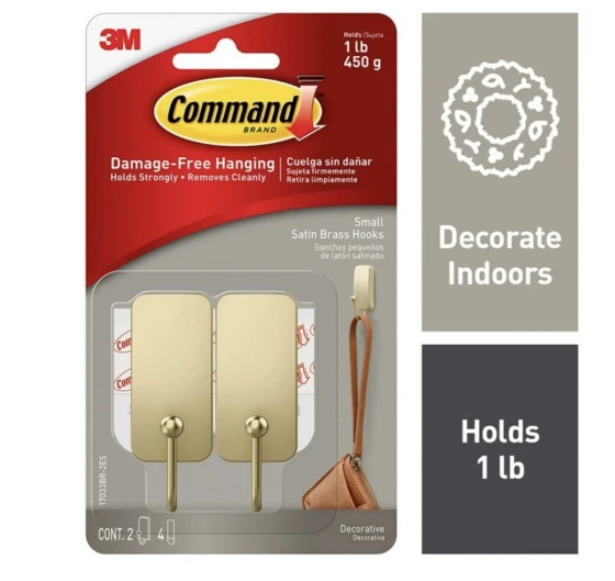 COMMAND SMALL SATIN BRASS HOOKS 2 PACK