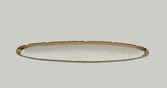 7.49 16"x3" OLIVE PLATE-GOLD RIM-OVAL