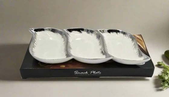 9.99 15"X6.5" - 3 SECTION PORCELAIN DISH-SILVER