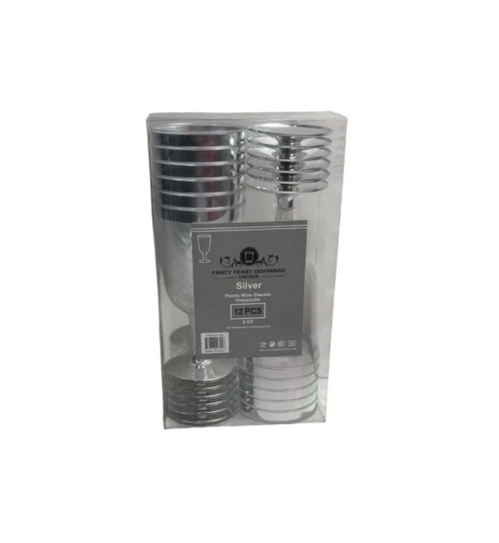 SILVER PLASTIC WINE GLASSES 12 PCS 6 OZ