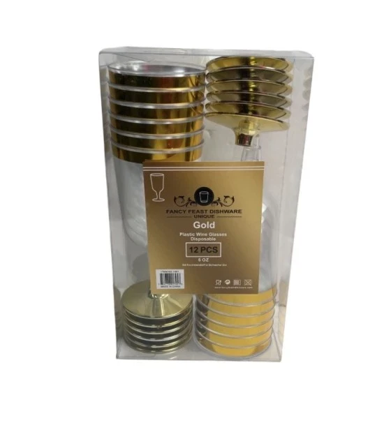 GOLD PLASTIC WINE GLASSES 12 PCS 6 OZ