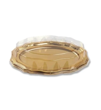 GOLD BASE PLASTIC SERVING TRAY WITH CLEAR LID 16 X 10.2 X 3.4 INCH