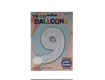 NUMBER 9 WHITE 34 INCH JUMBO LATEX BALLOON