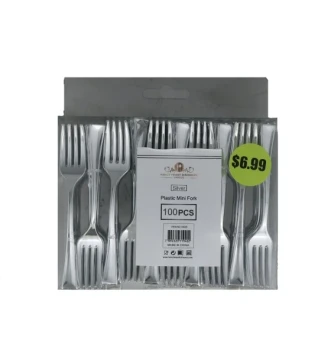 PLASTIC MINI FORK 100 PCS SILVER