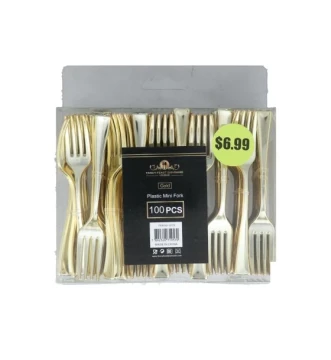 PLASTIC MINI FORK 100 PCS GOLD