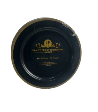 FANCY FEAST DISHWARE 30 COUNT BLACK AND GOLD 10 INCH PLATES