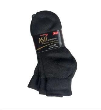 ASH SPORT SERIES EVERYDAY BLACK SOCKS SIZE 9-11 3 PACK