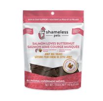 2.99 SHAMELESS PETS SALMON LOVES BUTTERNUT JERKY DOG TREATS 142 G
