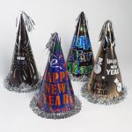 1.99 NEW YEAR PARTY HAT 12.5IN 4AST PAPERFOIL WSILVER TINSEL TRIM