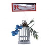 SILVER GLITTER BIRD CAGE WITH BERRIES 13 CM